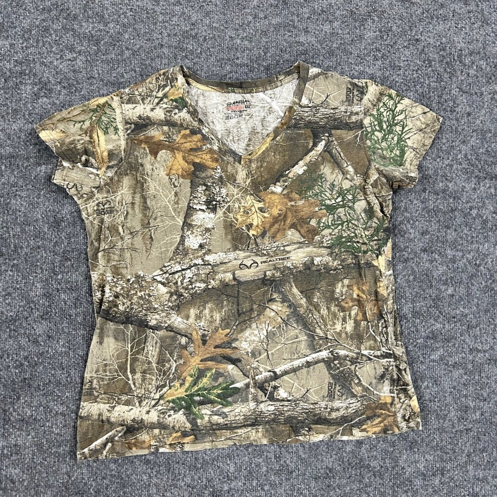 Magellan T-Shirt Womens XXL Camo Realtree Edge V-Neck Cotton Hunt Gear Tee